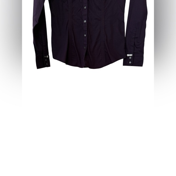 Express Deep Purple Button Down Shirt Leopard Trim Collar Women Small - Picture 11 of 11